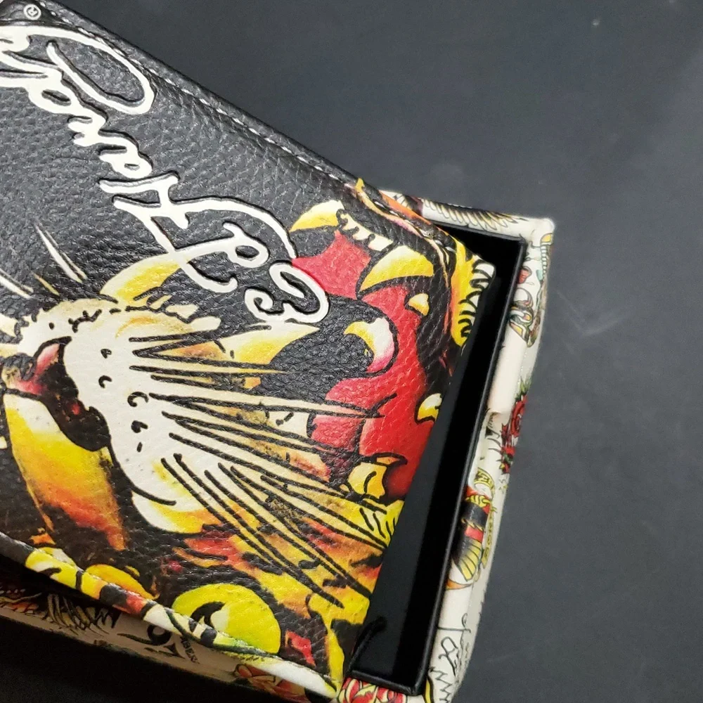 Ed Hardy‎ black iconic Ed Hardy tiger printed bifold wallet with valet tray new